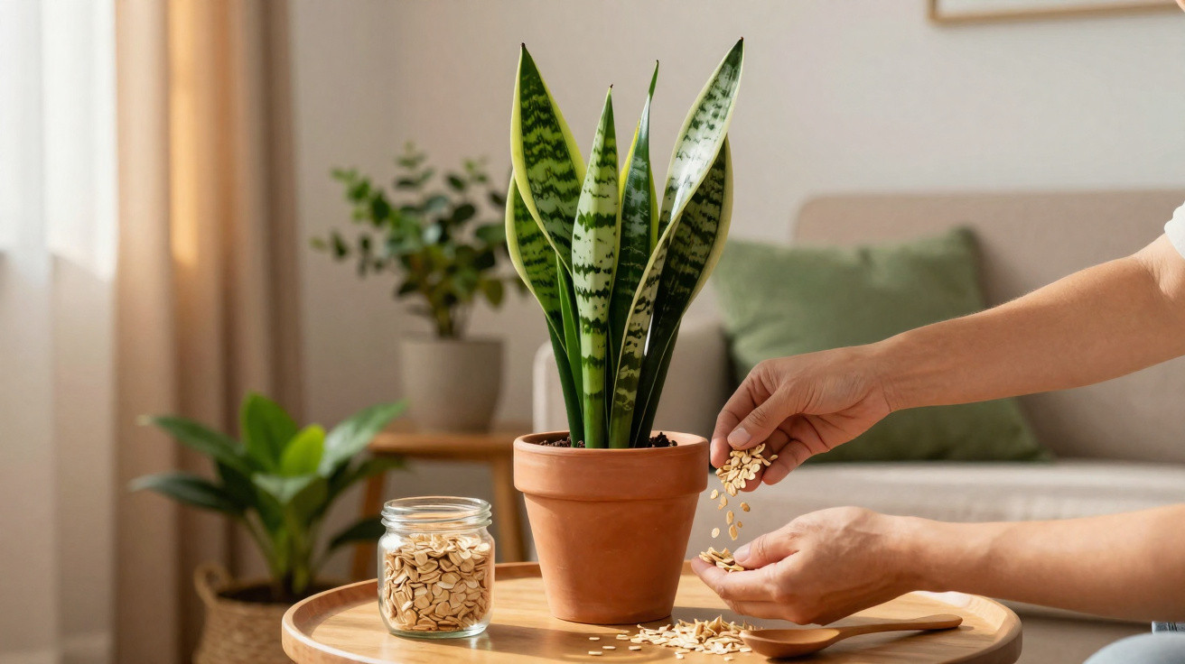Pessoa a colocar sementes junto a planta Sansevieria em vaso de barro num ambiente doméstico.