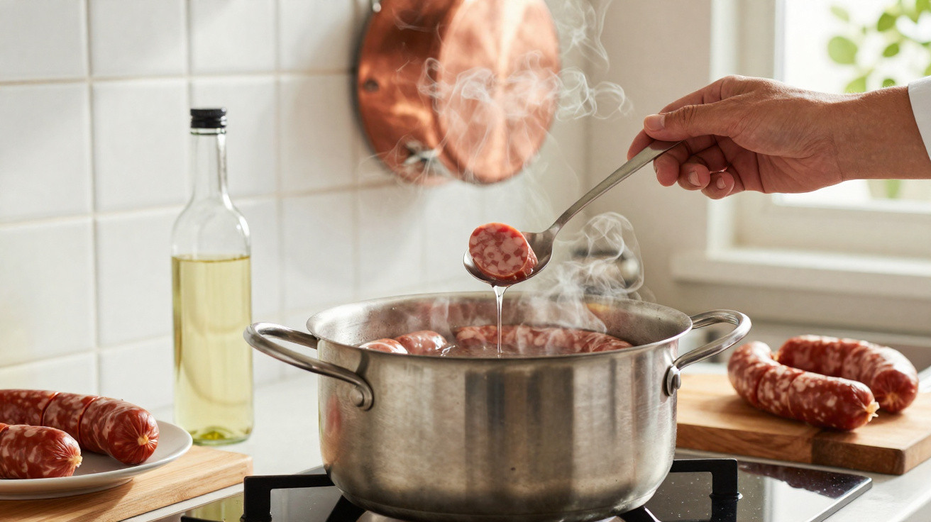 Mão a retirar colher com salsicha de panela a ferver numa cozinha com detalhes em inox e azulejos brancos.
