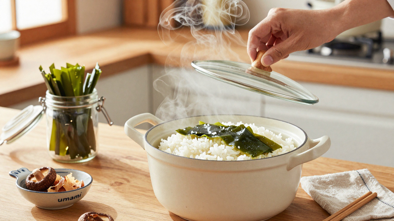Panela branca com arroz quente e algas, tampa a ser levantada por uma mão numa cozinha luminosa.