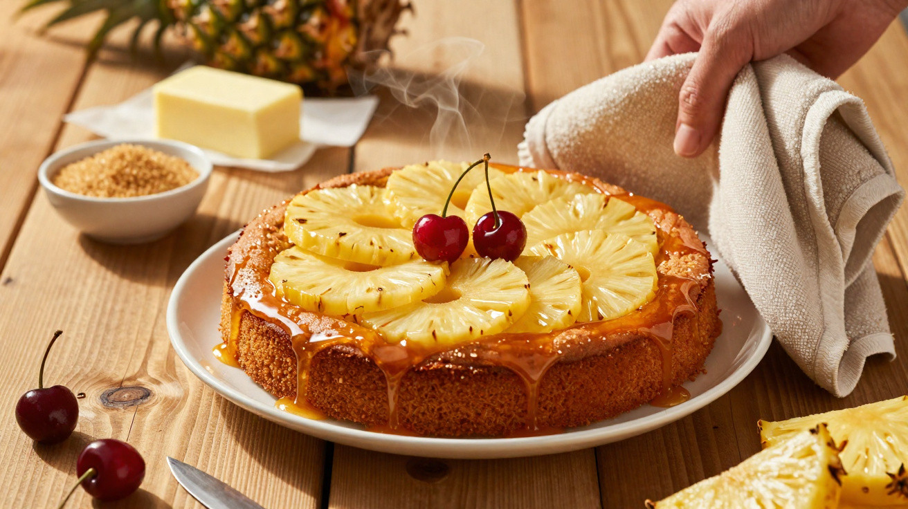 Bolo de ananás decorado com fatias de ananás e cerejas, sobre prato branco numa mesa de madeira.