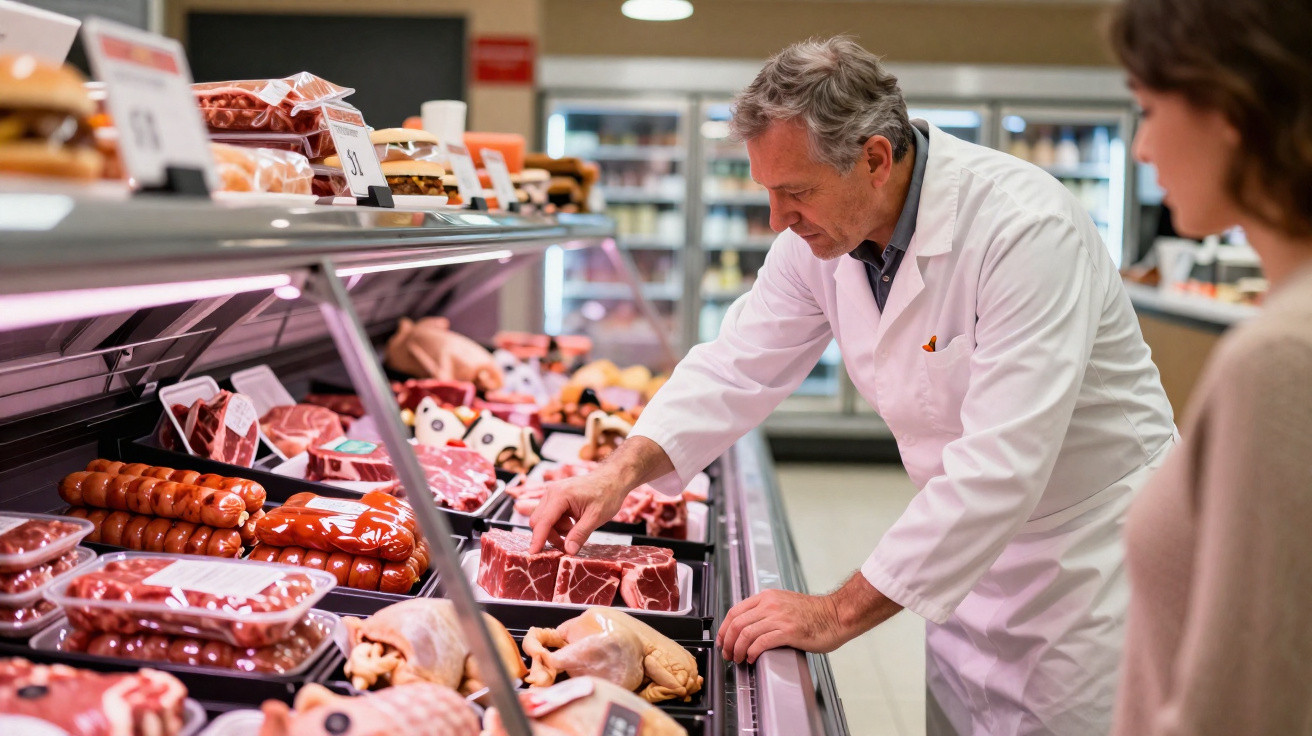 Talhante a mostrar cortes de carne numa vitrina de supermercado a uma cliente.