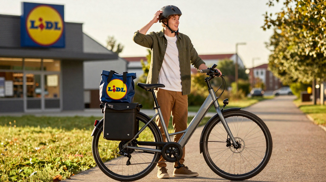 Homem com capacete ao lado de bicicleta com sacola Lidl, em frente a loja Lidl num dia de sol.