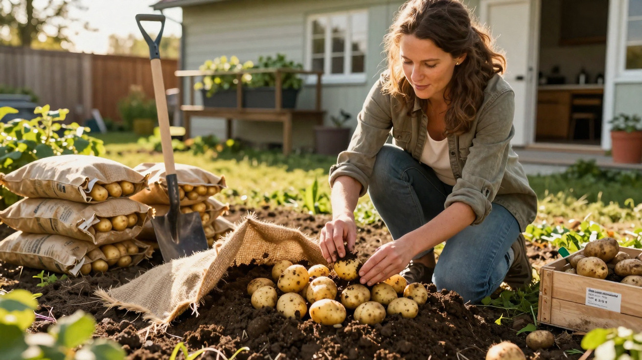 Mulher a colher batatas frescas num jardim com sacos e caixa de batatas ao lado.