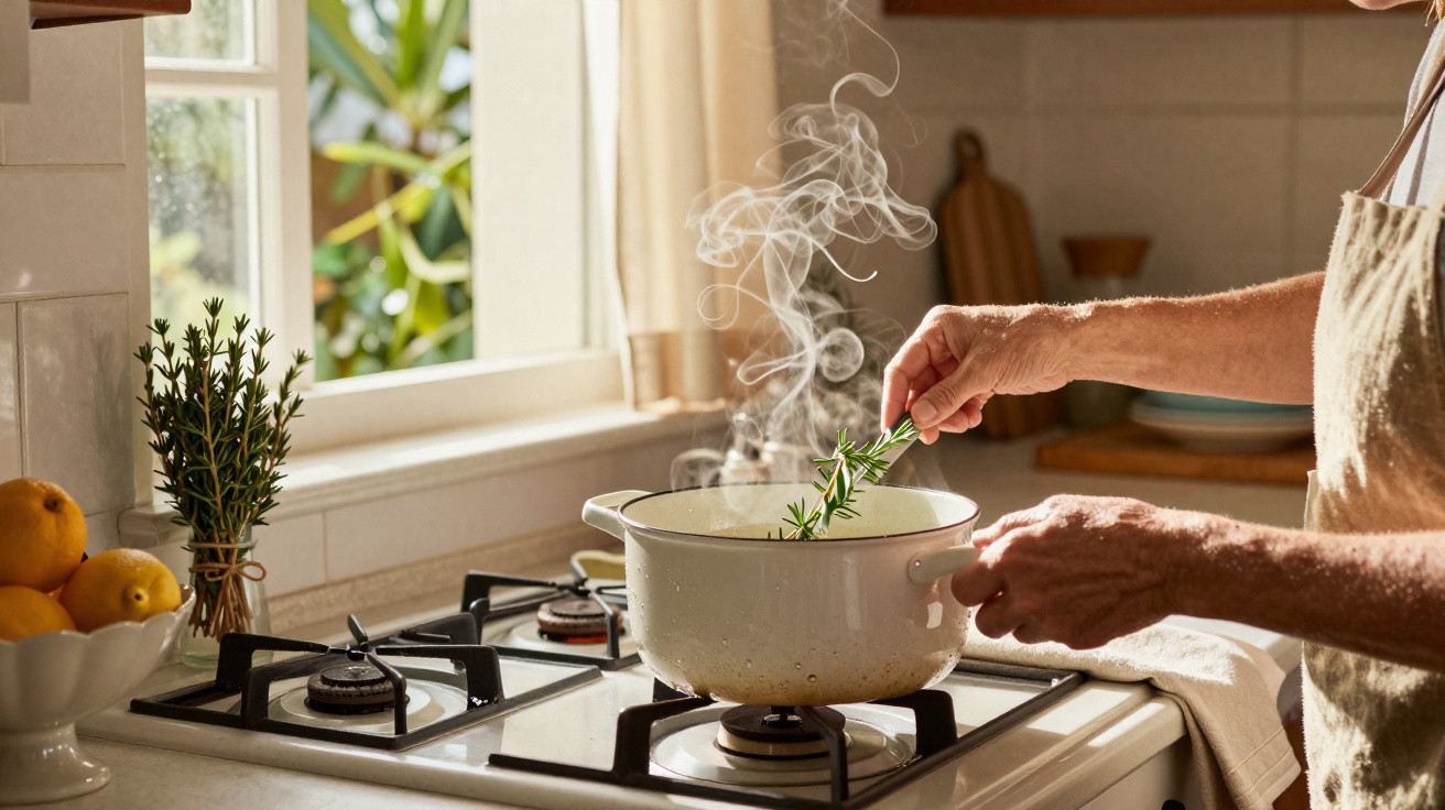 Pessoa a cozinhar com ervas aromáticas numa panela branca ao lume numa cozinha iluminada.
