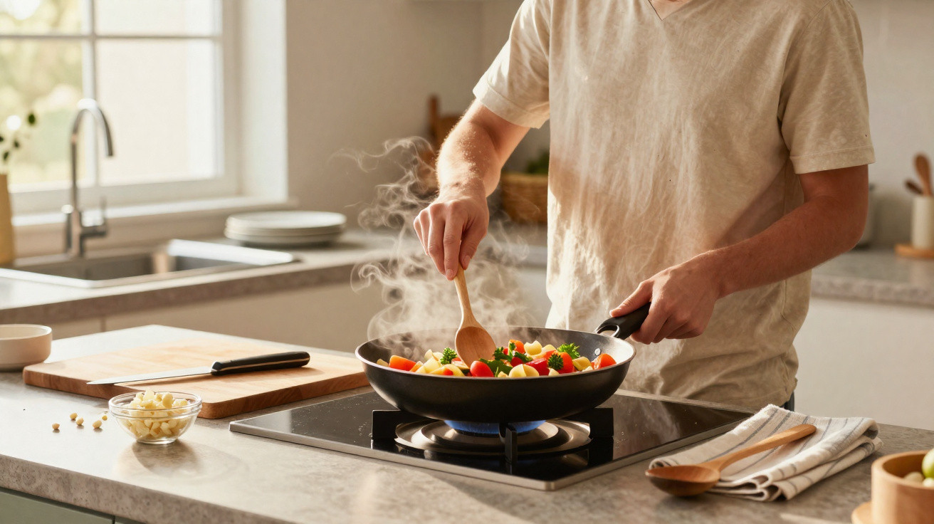 Pessoa a cozinhar legumes numa frigideira sobre fogão numa cozinha moderna com luz natural.