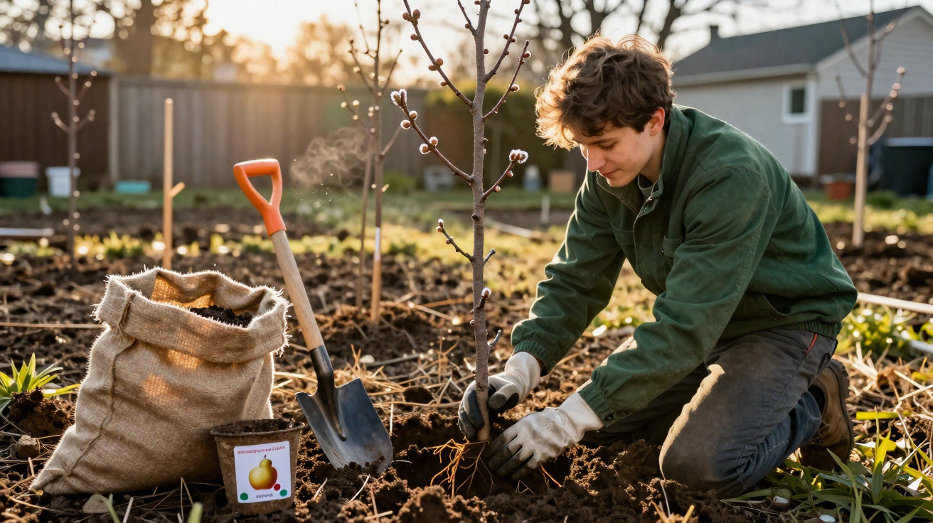 Jovem a plantar uma árvore numa horta, com pá, saco de terra e embalagem de sementes ao lado.