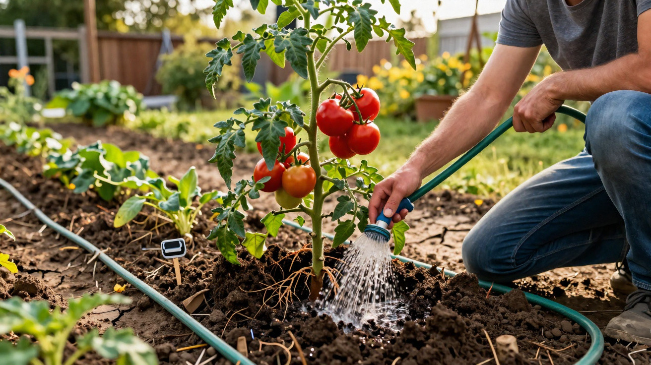 Pessoa a regar planta de tomate com tomates vermelhos maduros num jardim ensolarado.