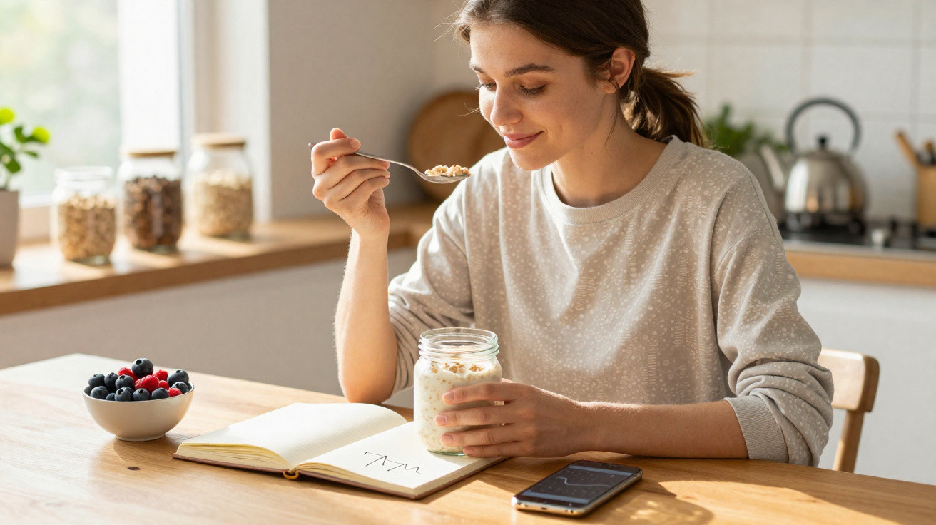 Mulher jovem a comer iogurte com granola na cozinha, lendo e com telemóvel na mesa.