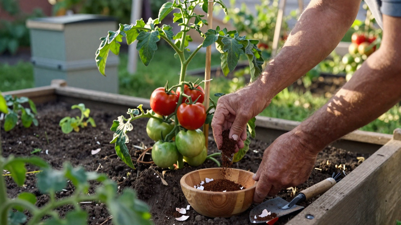 Mãos a adubar planta de tomate com frutos verdes e vermelhos num canteiro de madeira ao ar livre.