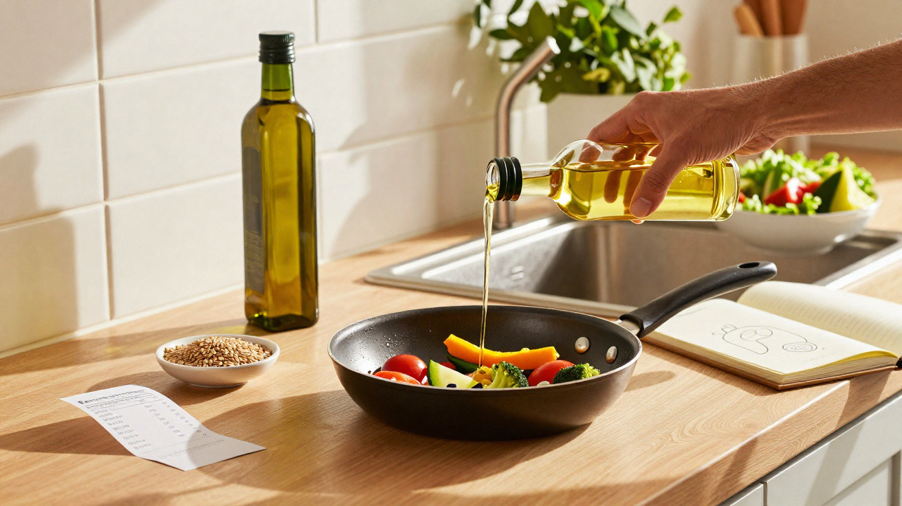 Mão a deitar azeite numa frigideira com legumes variados numa cozinha moderna e iluminada.