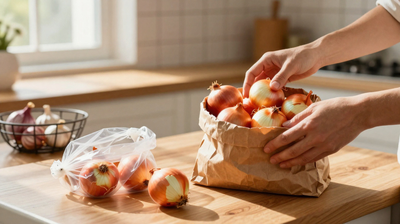 Mãos a colocar cebolas amarelas em saco de papel numa cozinha com luz natural.