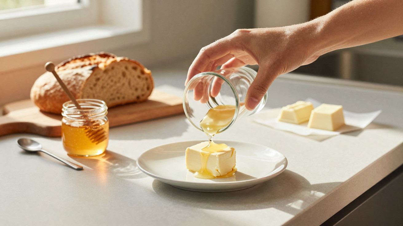 Mão a verter mel sobre manteiga num prato, com pão e frasco de mel ao fundo numa cozinha iluminada.
