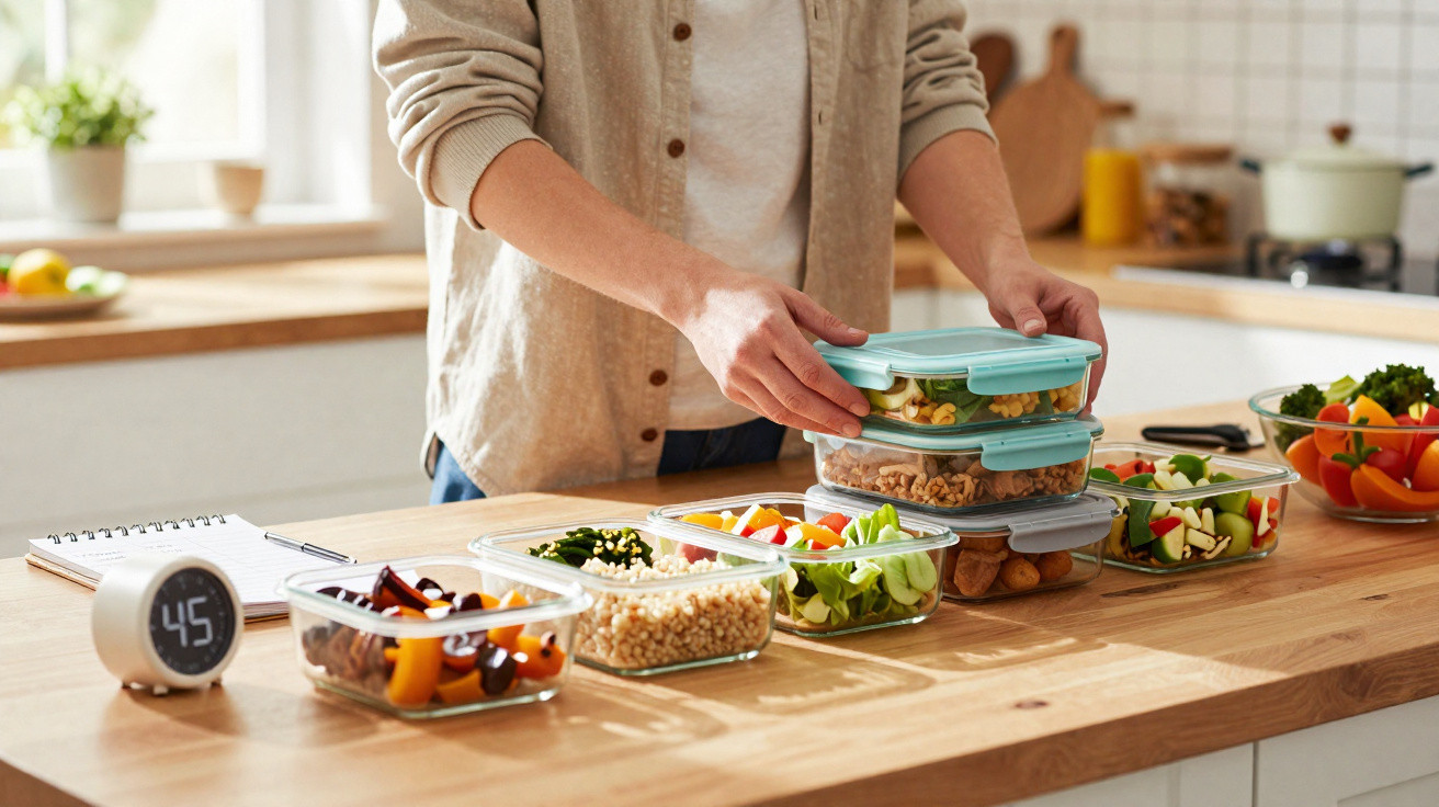 Pessoa a organizar marmitas com saladas e legumes numa cozinha moderna e luminosa.