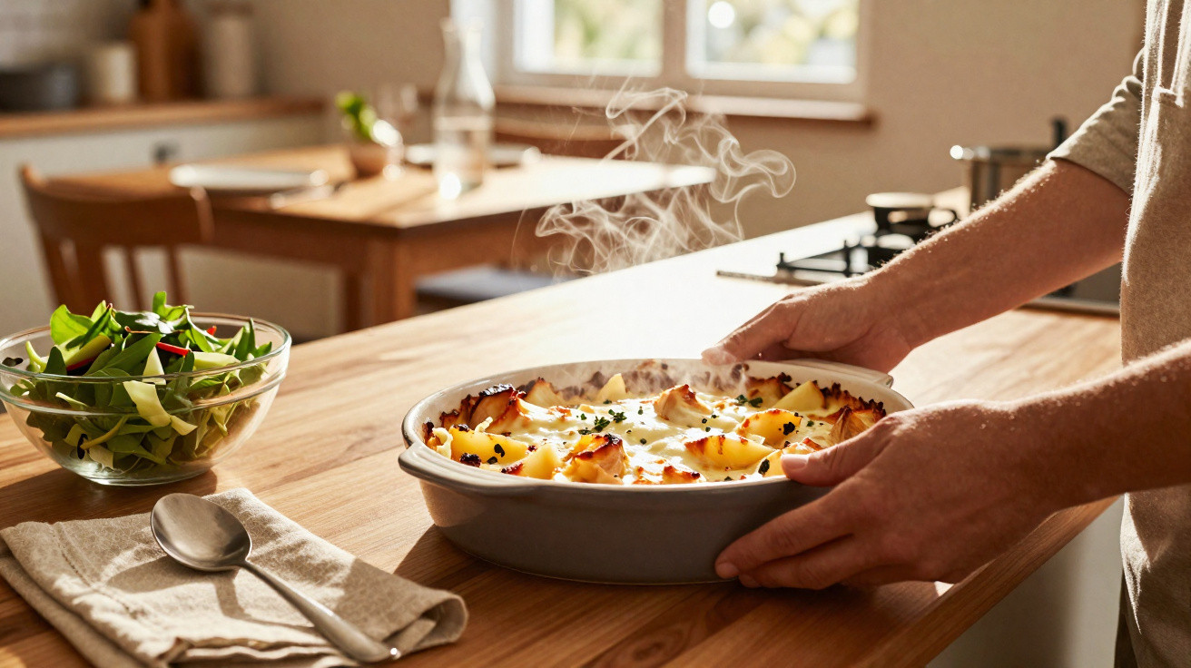 Mãos a retirar do forno um prato quente de gratinado com batatas e ervas numa cozinha iluminada.
