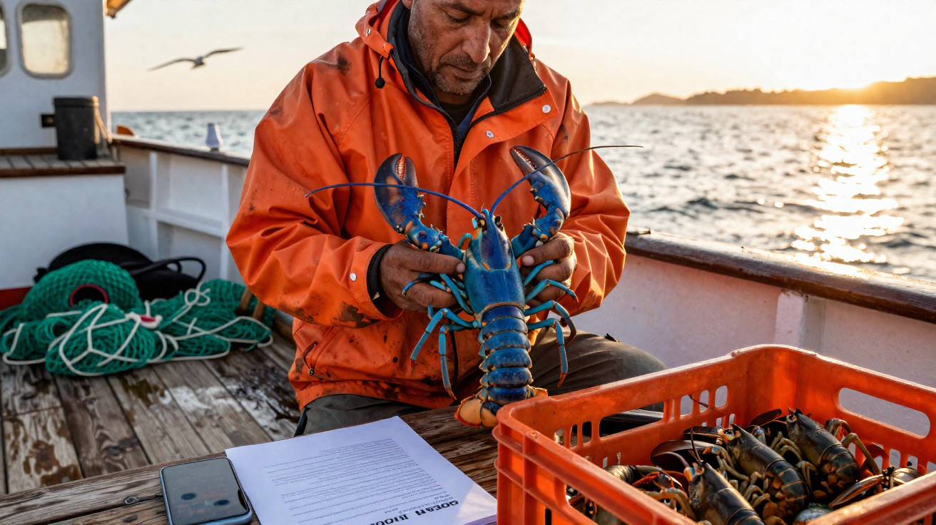 Pescador a bordo de um barco a segurar uma lagosta azul, com outras lagostas numa caixa e mar ao fundo ao pôr do sol.