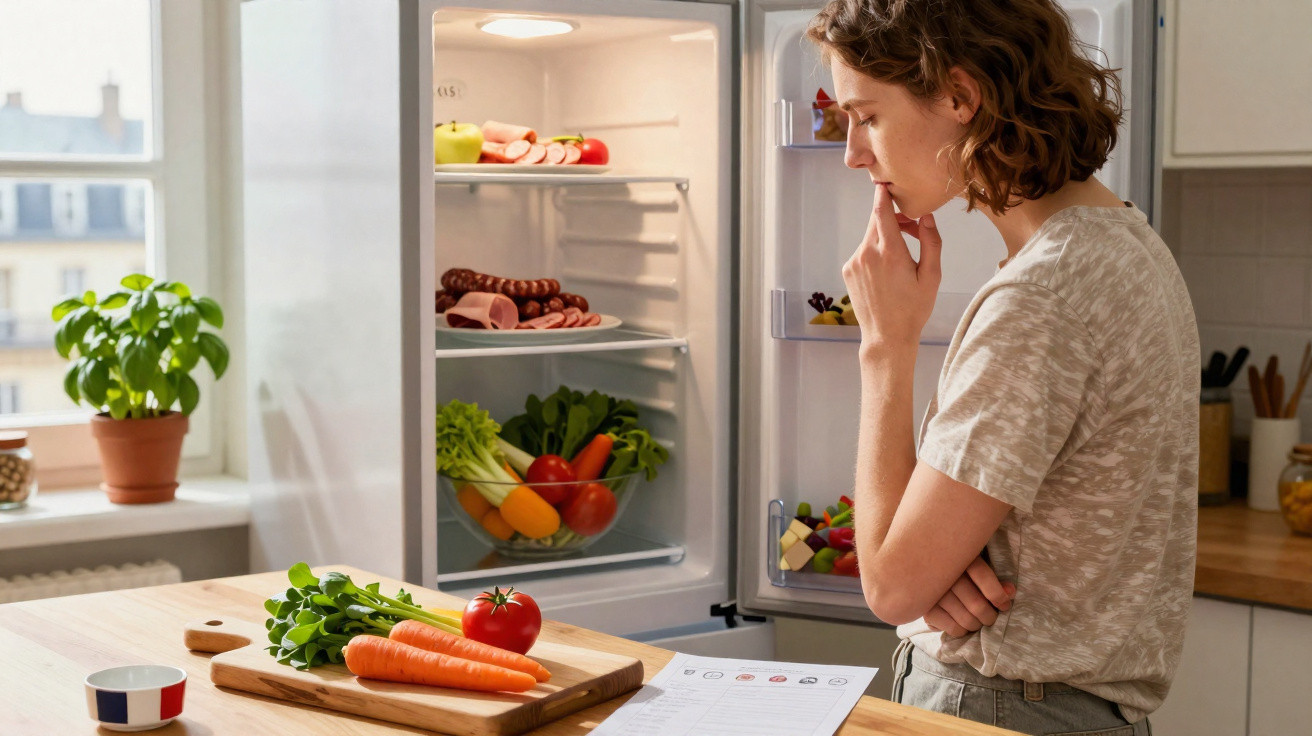 Mulher a olhar para a lista de compras com abertura do frigorífico cheio de legumes, frutas e carnes na cozinha.