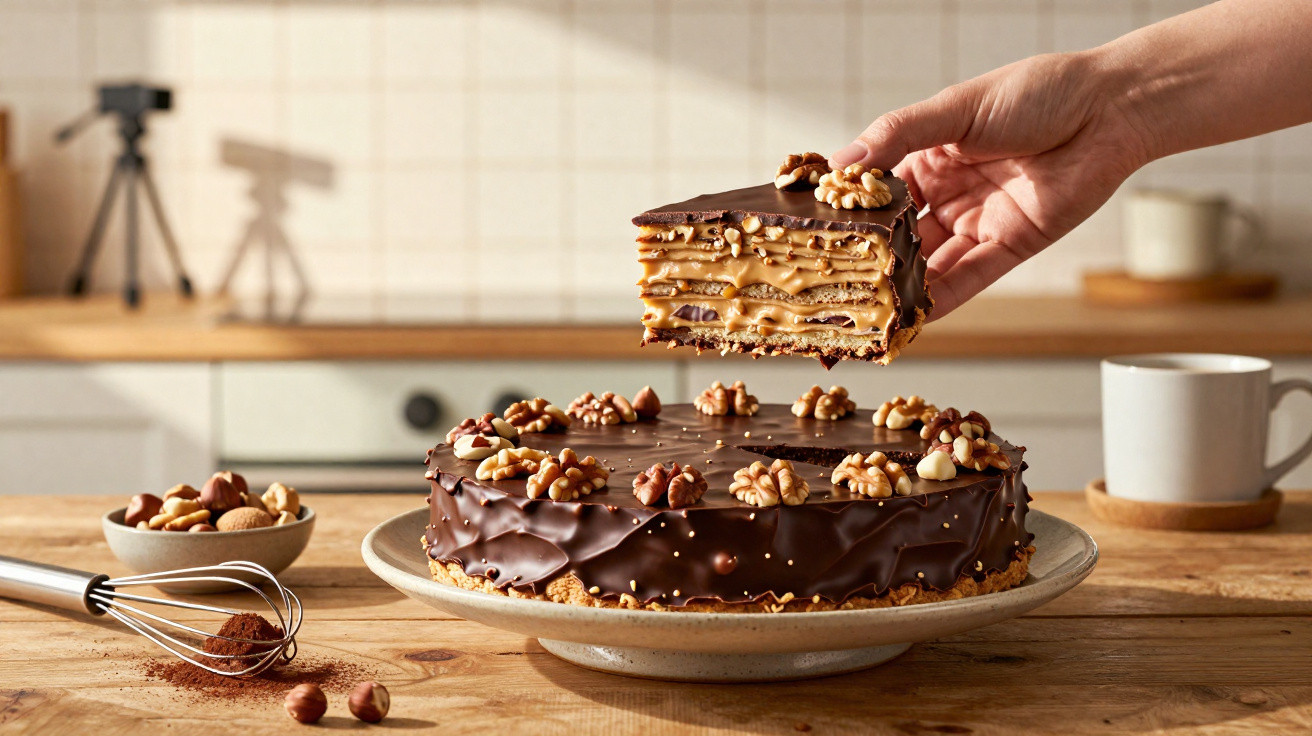 Bolo de camadas com cobertura de chocolate e nozes servido numa cozinha moderna.