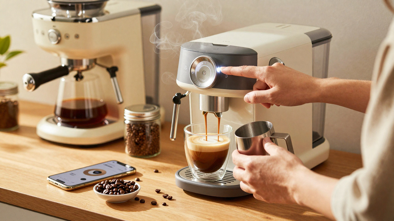Mãos a preparar café numa máquina automática com chávena transparente, jarro metálico e café a sair.