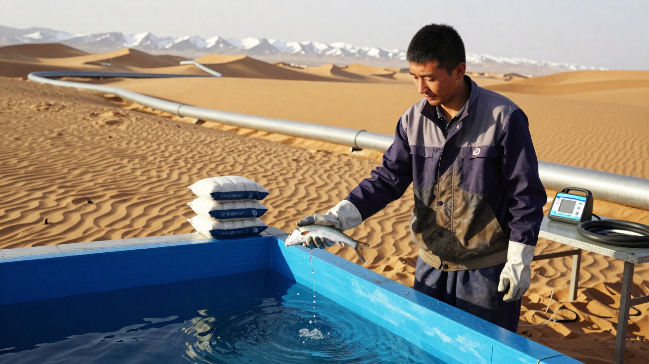 Homem de uniforme solta um peixe em tanque azul no deserto com tubulação e montanhas ao fundo.