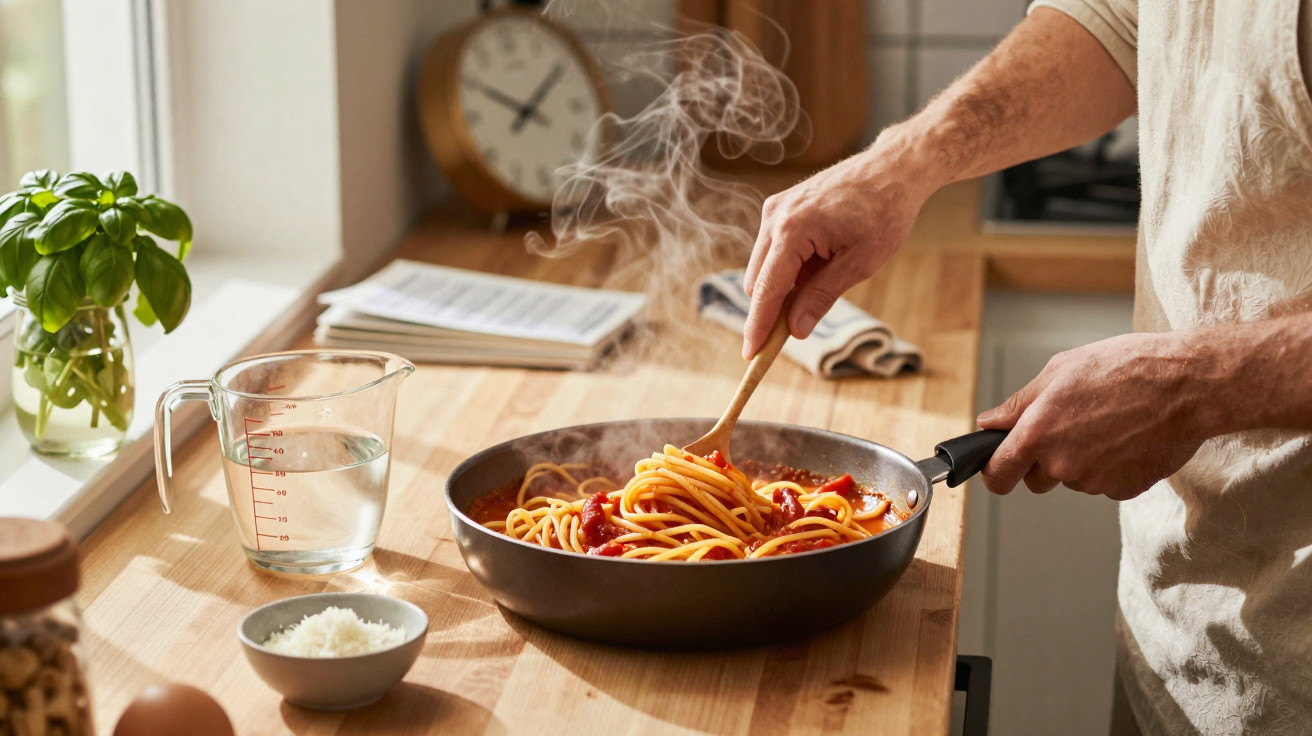 Pessoa a cozinhar esparguete com molho de tomate numa frigideira numa cozinha iluminada.