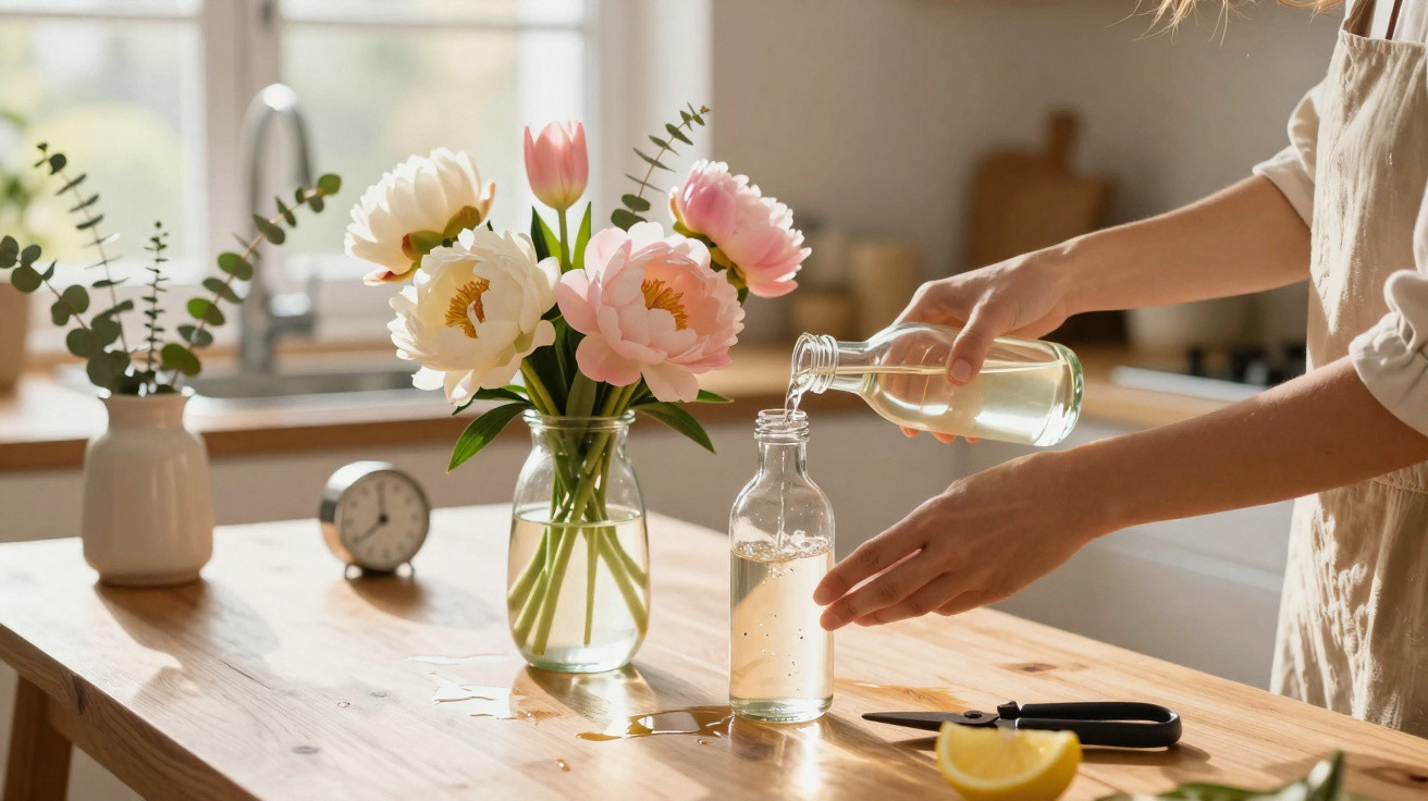 Pessoa a verter líquido numa garrafa junto a vaso com flores numa mesa de madeira numa cozinha iluminada.
