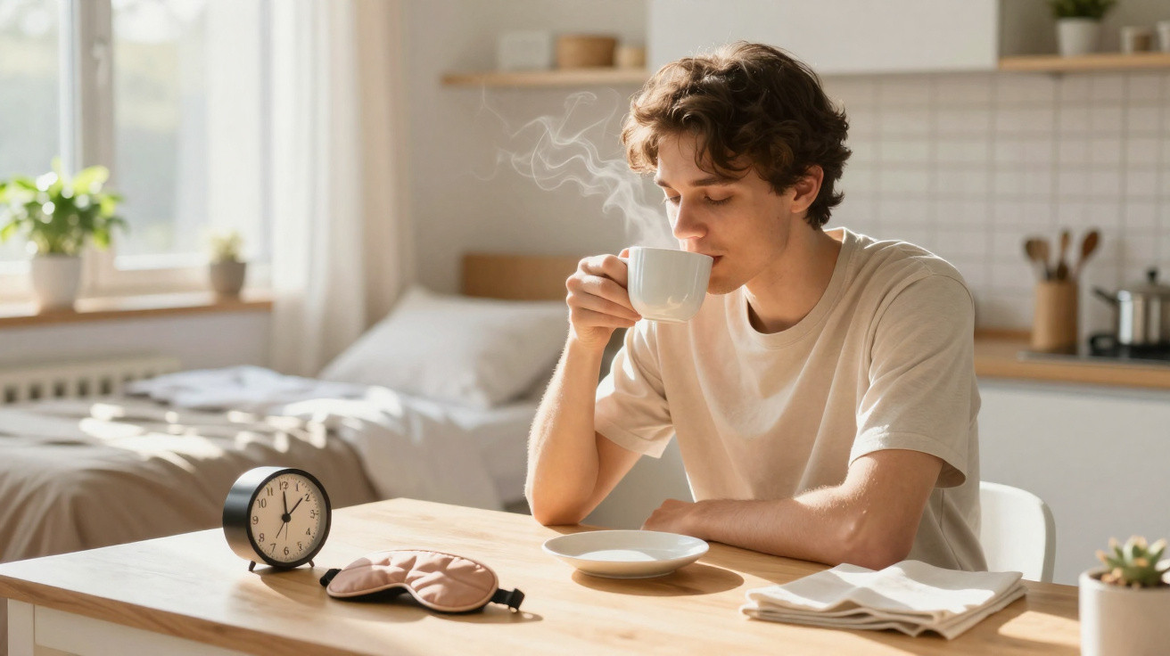 Jovem a beber chá numa cozinha luminosa com relógio, máscara de dormir e plantas sobre a mesa.