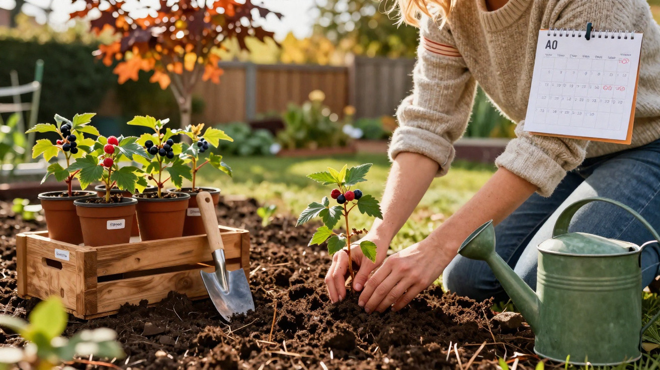 Pessoa a plantar arbusto com bagas no jardim, com regador, enxada e calendário em vista.