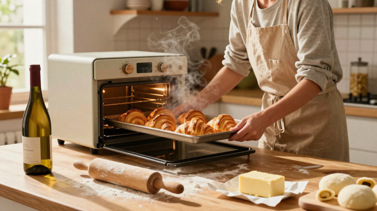 Pessoa a retirar croissants quentes do forno num ambiente de cozinha acolhedor com ingredientes e utensílios.