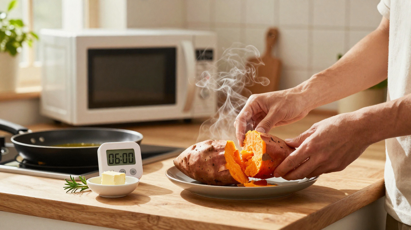 Pessoa parte uma batata-doce quente e fumegante numa cozinha moderna.