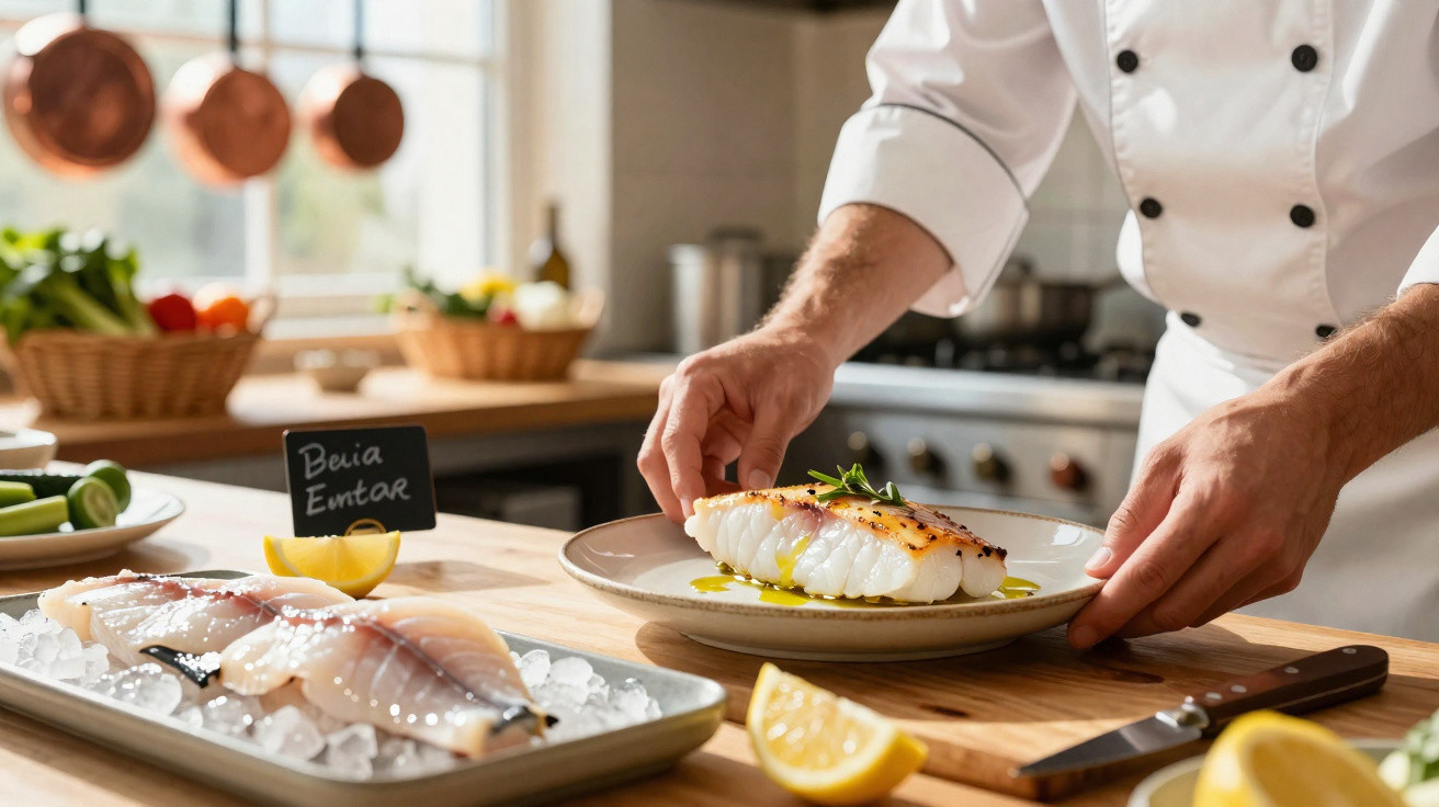 Chef a preparar prato de peixe grelhado numa cozinha com ingredientes frescos e limão.