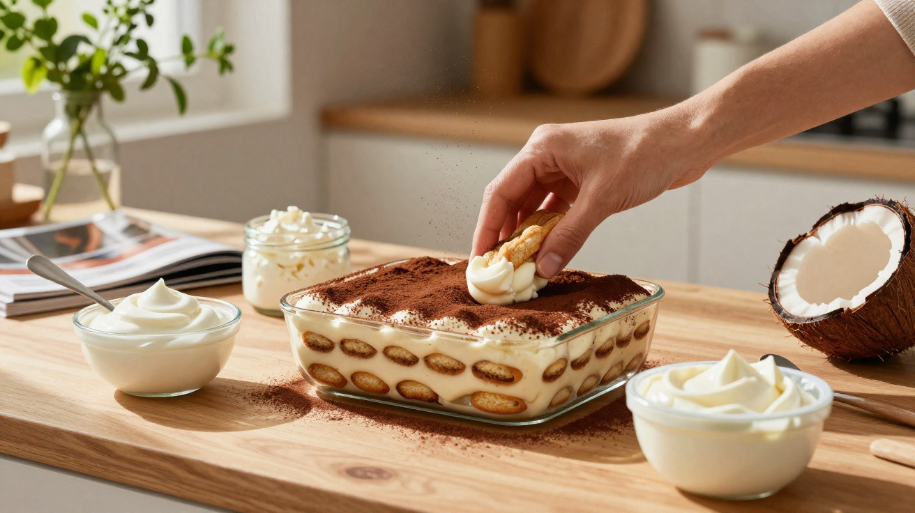 Mão a mergulhar biscuit com creme em sobremesa tiramisù numa taça quadrada sobre mesa de madeira.