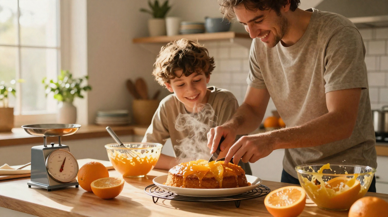 Pai e filho a cortar bolo ainda quente na cozinha com ingredientes e utensílios numa bancada de madeira.