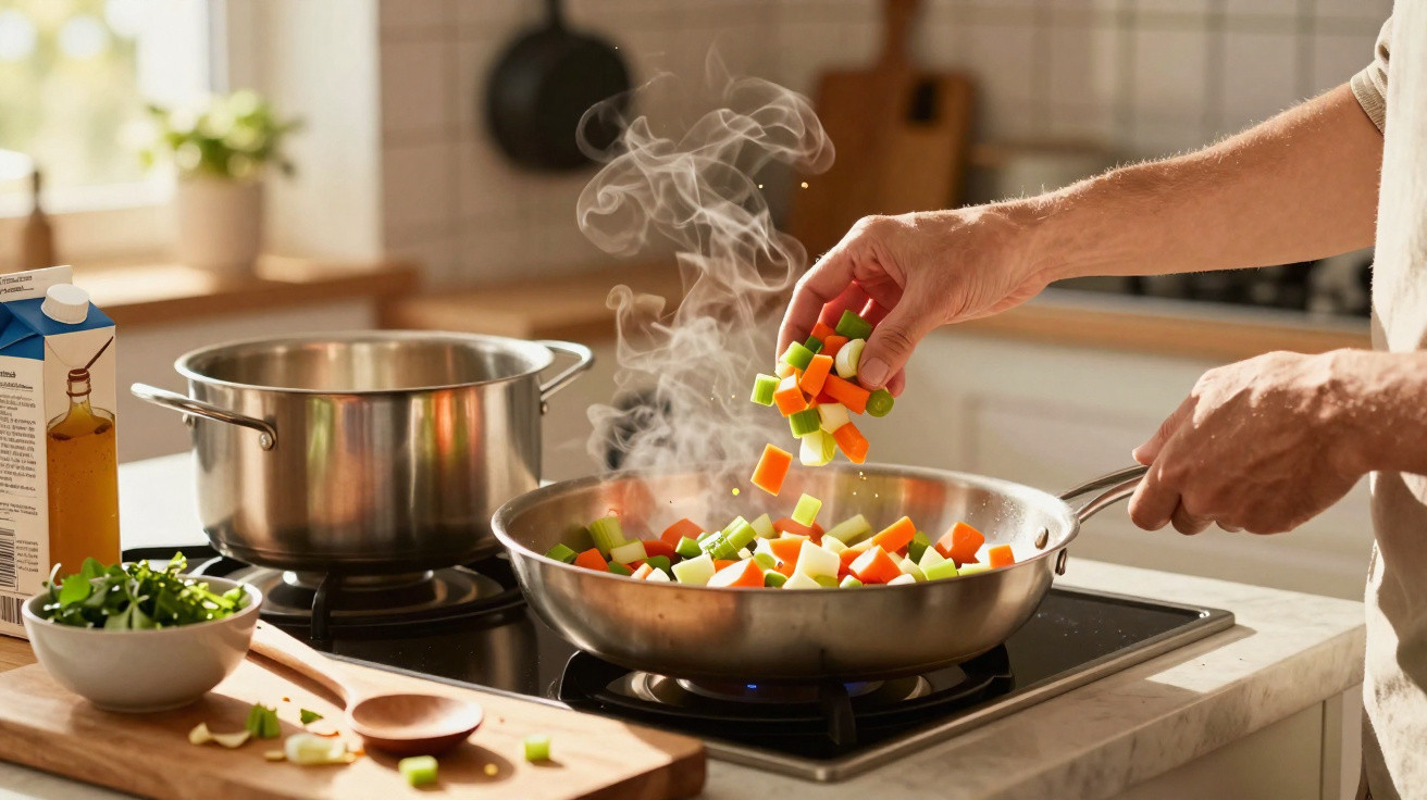 Pessoa a cozinhar legumes coloridos numa frigideira sobre um fogão, com vapor a subir.