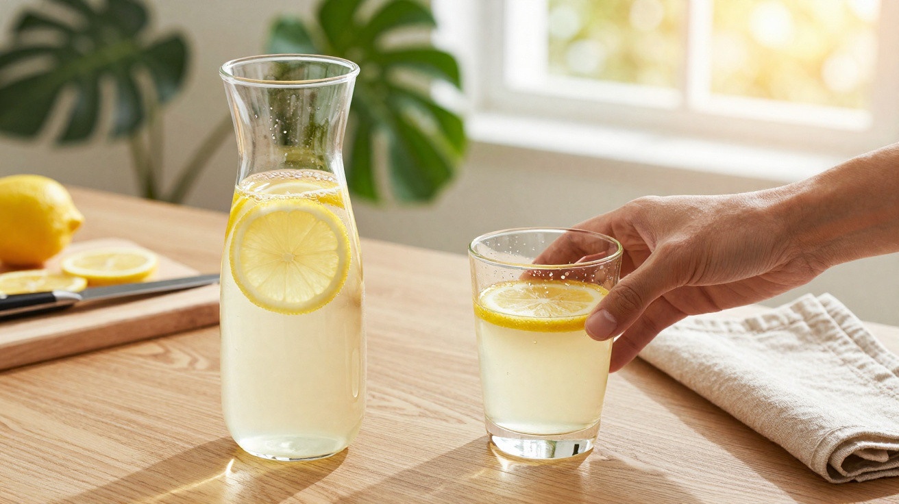 Mão alcança copo com limonada e rodela de limão, jarra de limonada e limões cortados na banca de madeira.