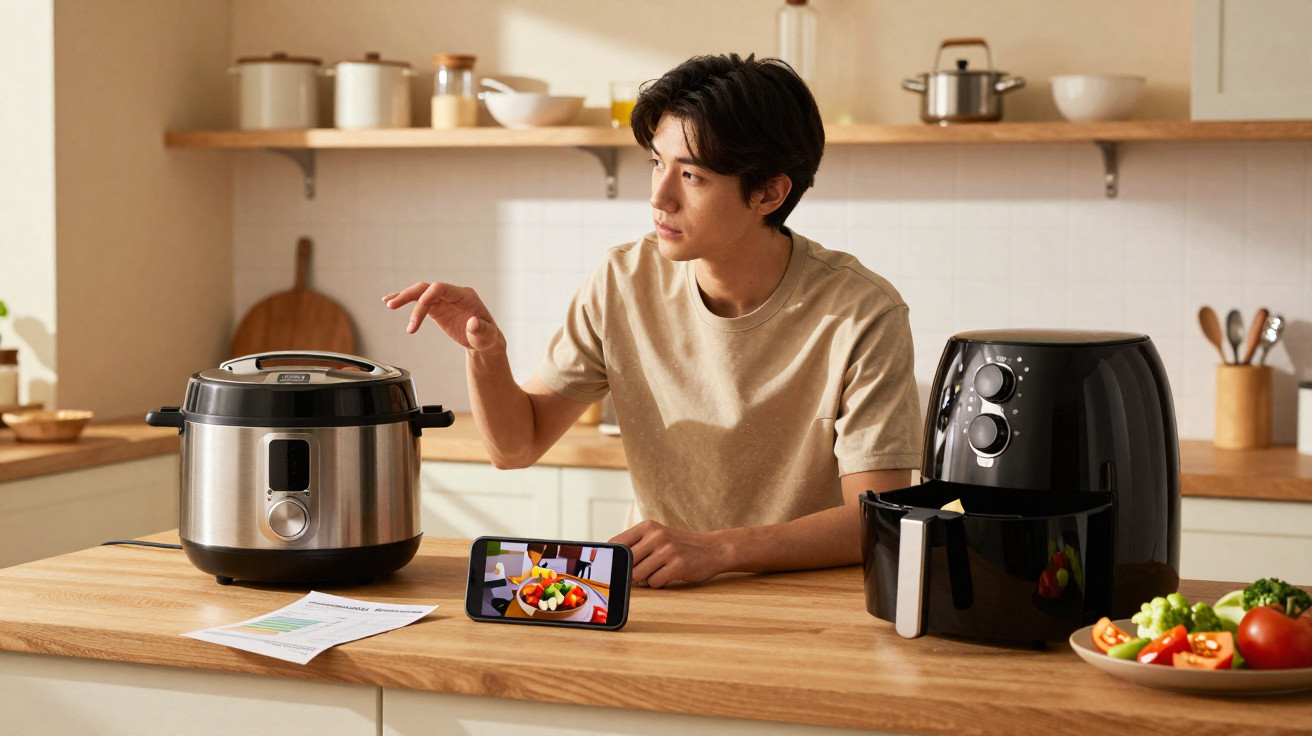 Homem na cozinha a preparar comida com panela elétrica e fritadeira air fryer, seguindo receita no telemóvel.