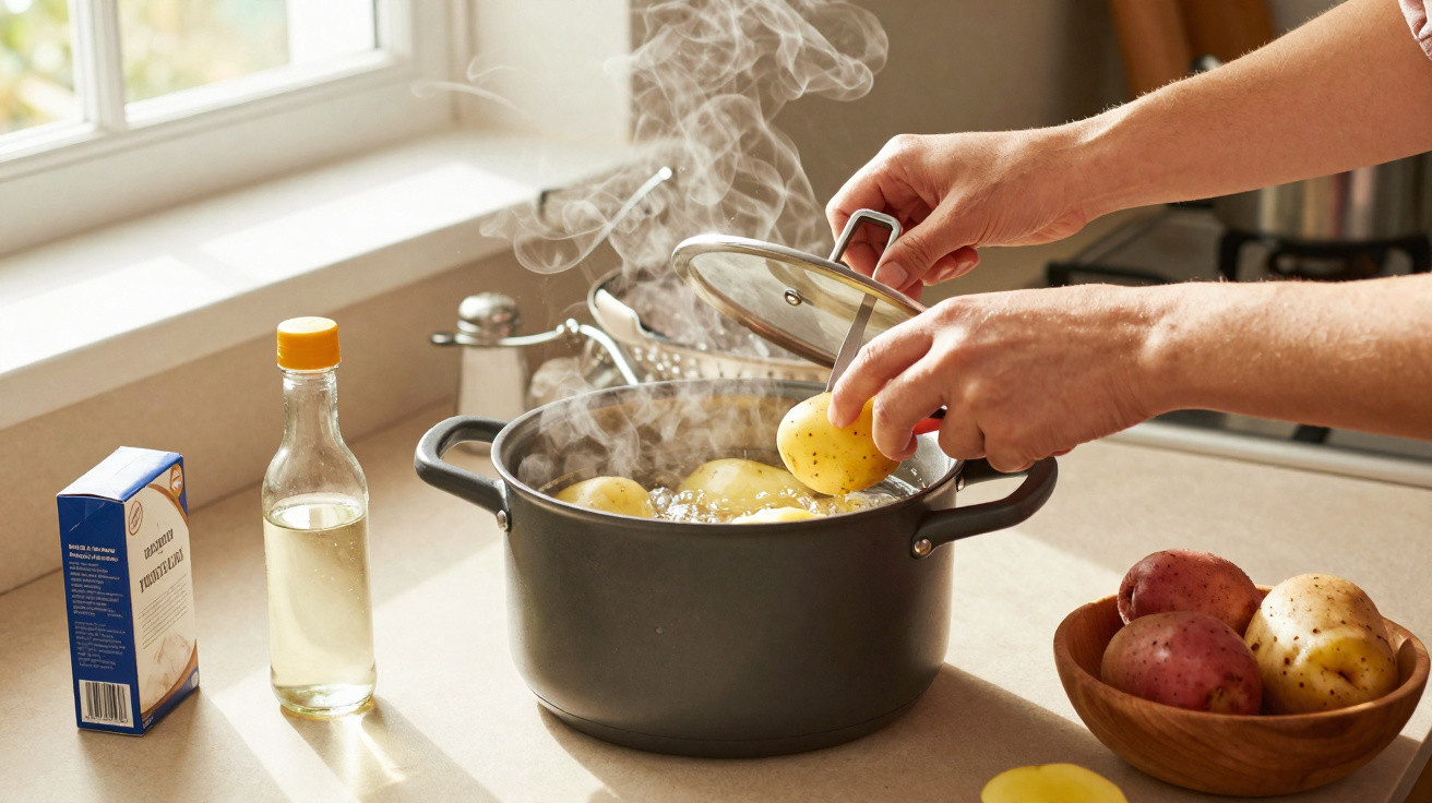 Pessoa a colocar batatas numa panela com água a ferver numa cozinha iluminada pelo sol.
