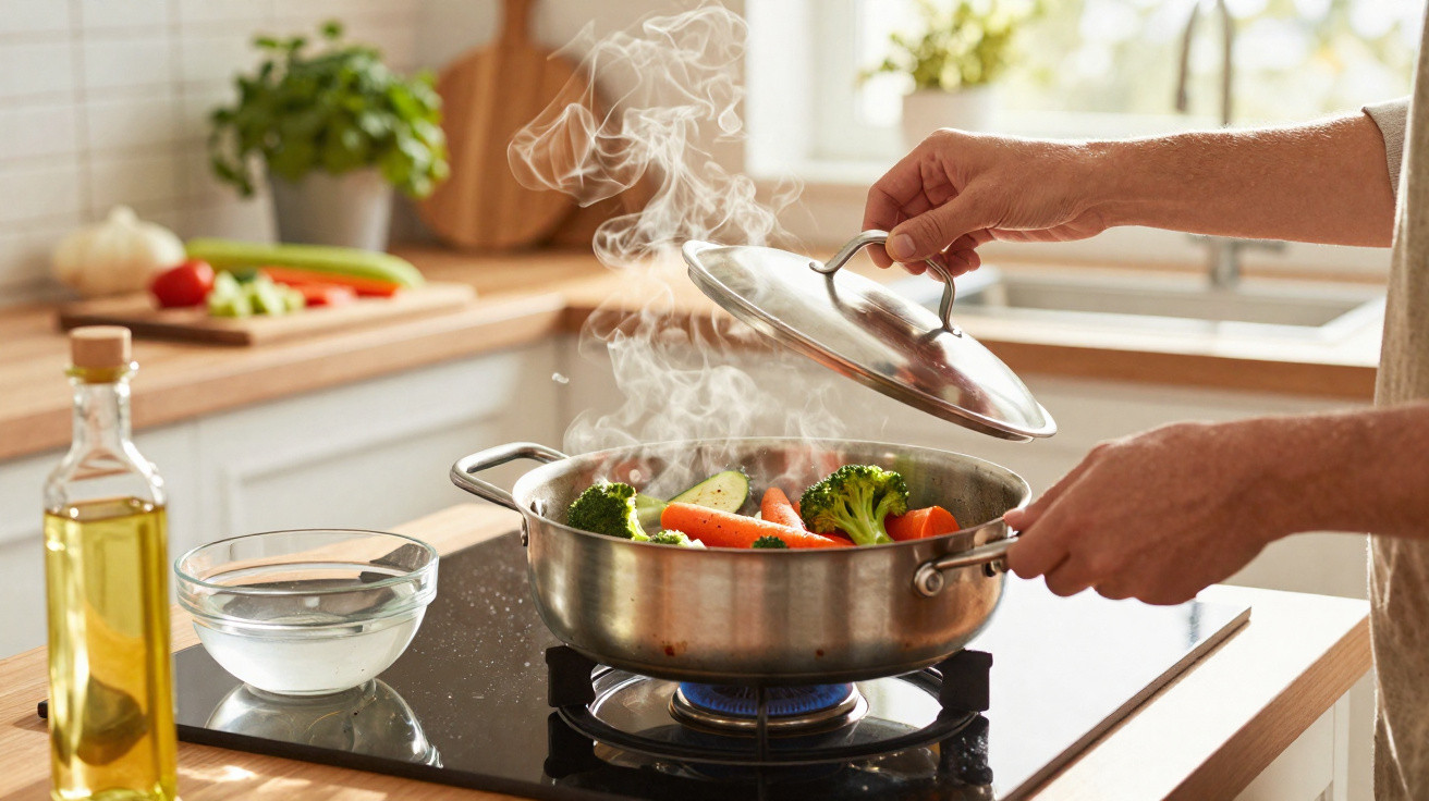 Cozinhar legumes frescos a vapor numa panela de inox num fogão a gás numa cozinha luminosa.