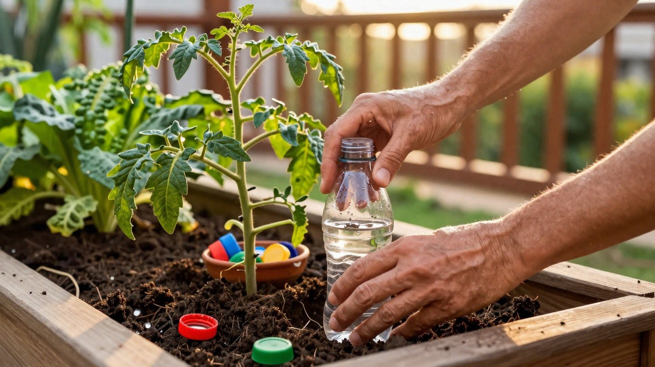 Pessoas a regar uma planta de tomateira num canteiro com garrafa de plástico e tampas coloridas.