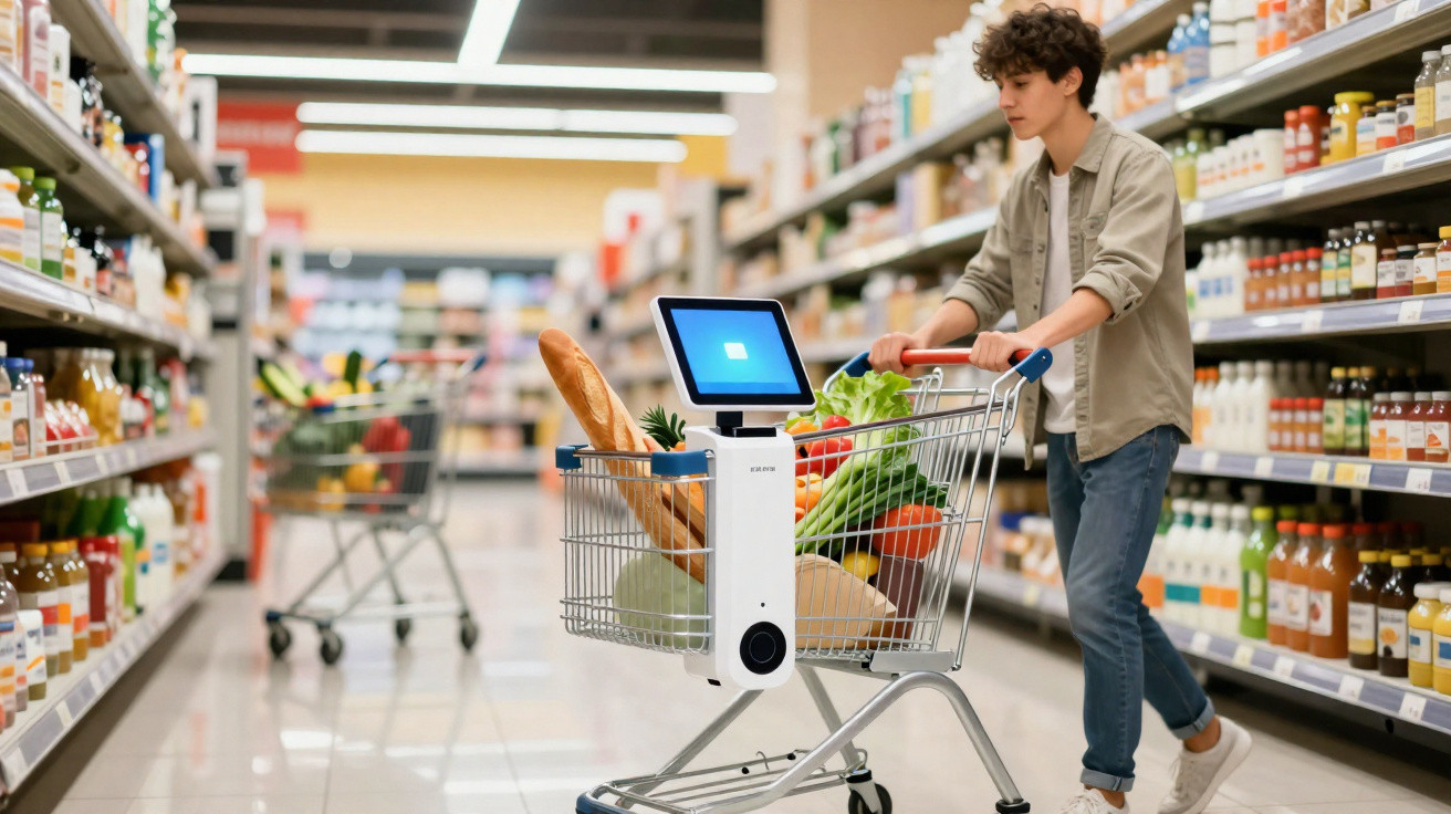 Jovem a empurrar carrinho de compras com ecrã digital, cheio de frutas e legumes, num supermercado.
