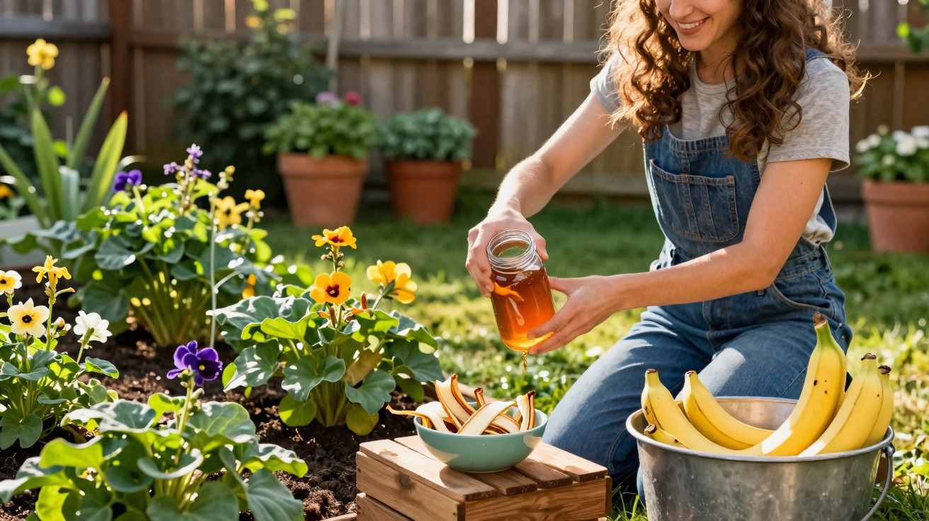 Mulher regando flores amarelas num jardim, com bananas num balde e cascas numa tigela.