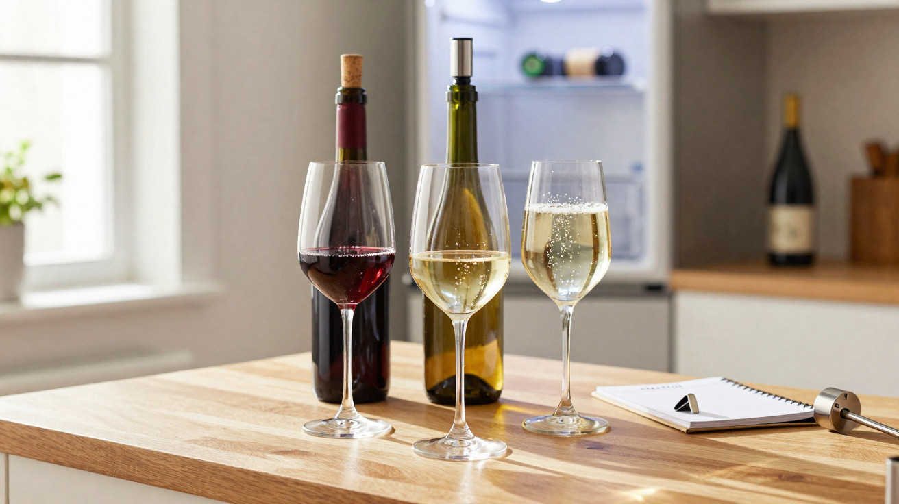 Duas garrafas de vinho, uma com vinho tinto e outra branco, com três taças de vinho numa bancada de madeira.