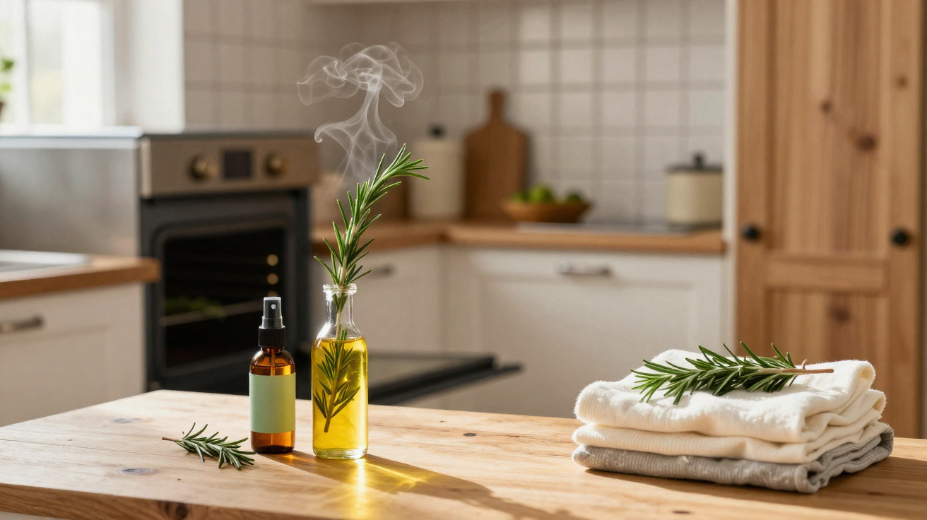 Garrafa de óleo aromático com ramo de alecrim, spray, toalhas dobradas e ramo de alecrim numa cozinha iluminada.