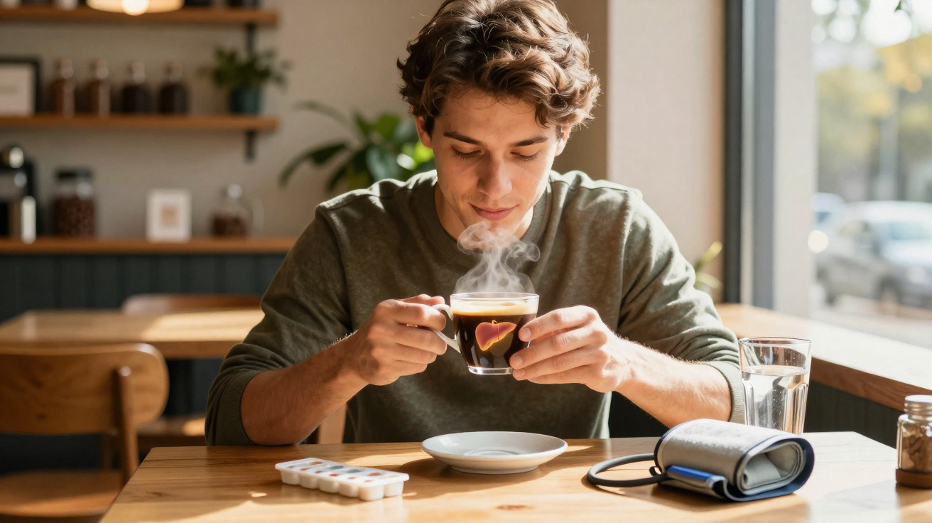 Homem sentado a beber café quente numa esplanada com uma mesa de madeira e objetos pessoais à frente.