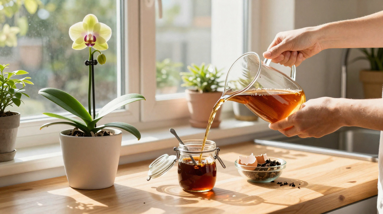 Mãos a verter chá de jarro de vidro para frasco numa cozinha com orquídea e plantas junto à janela.