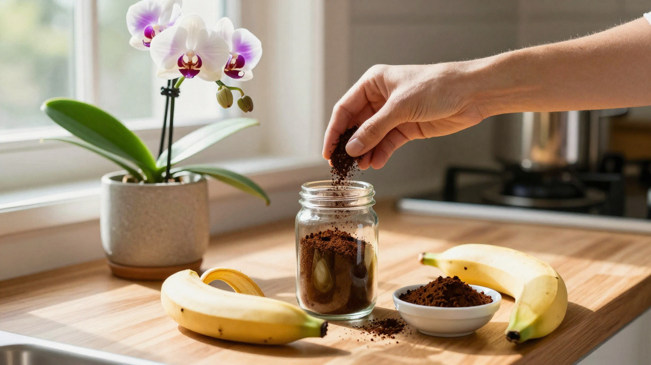 Mão a colocar café moído em frasco na cozinha, com duas bananas, orquídea e fogão ao fundo.