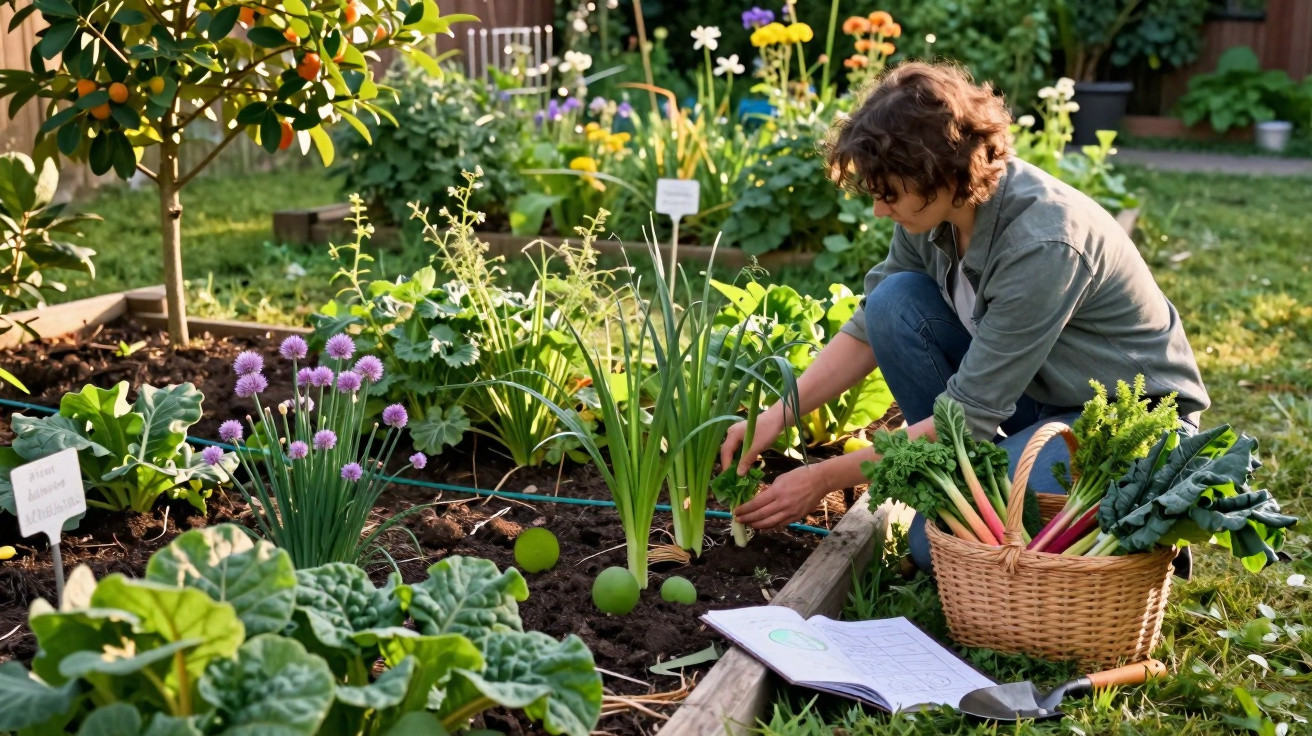 Pessoa a cuidar de um jardim com plantas e vegetais, com cesto e caderno ao lado, em dia ensolarado.