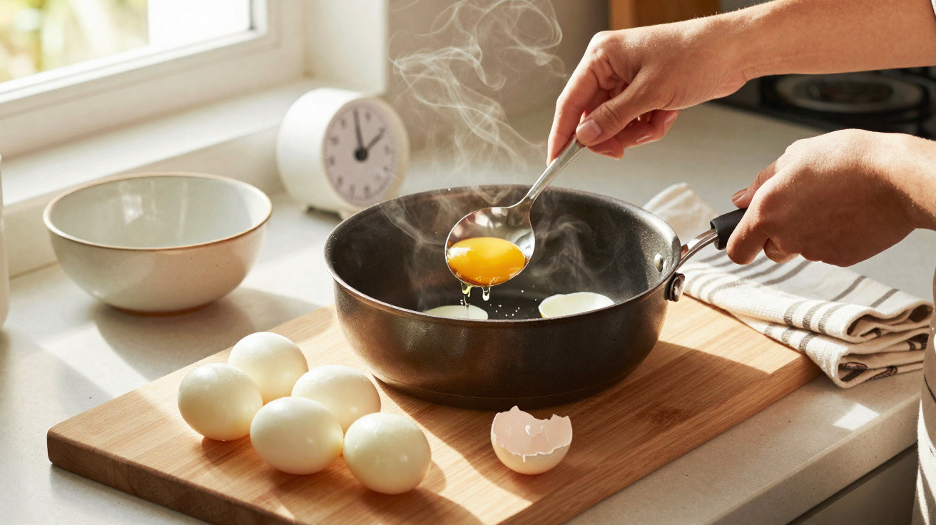 Mãos a cozinhar ovos estrelados numa frigideira, com ovos e um relógio ao fundo na cozinha iluminada.