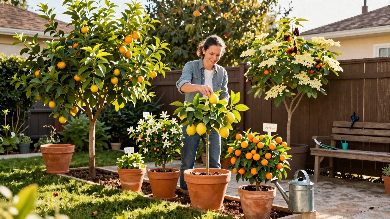 Mulher a cuidar de plantas cítricas em vaso num jardim exterior com várias árvores e flores.