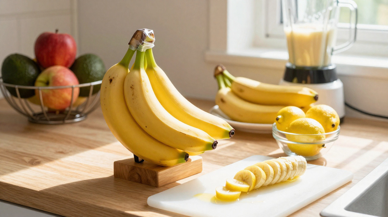 Cacho de bananas na cozinha, com limões, maçãs, abacates e liquidificador em bancada iluminada.