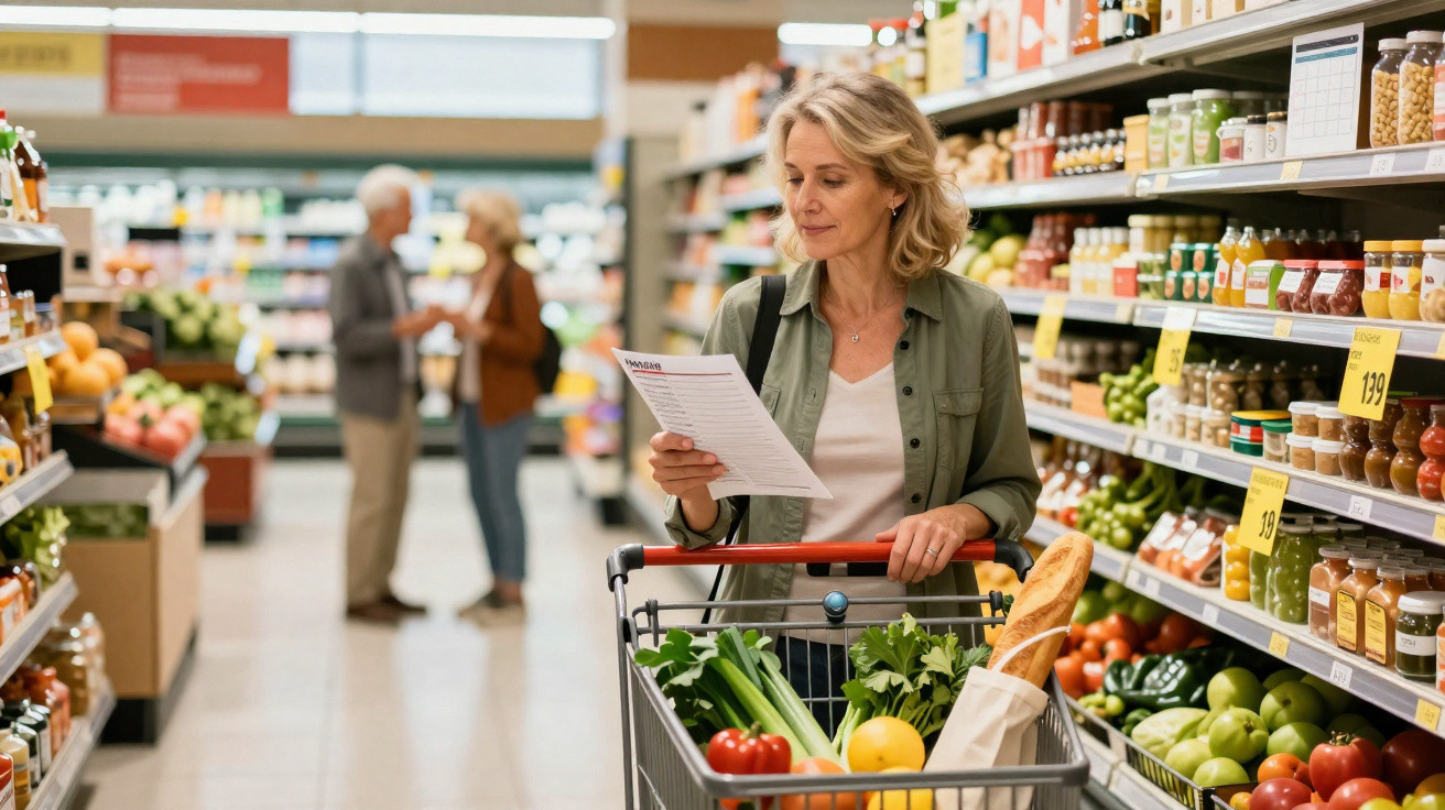 Mulher de meia-idade com carrinho cheio de legumes e pão, a ler lista de compras num supermercado.